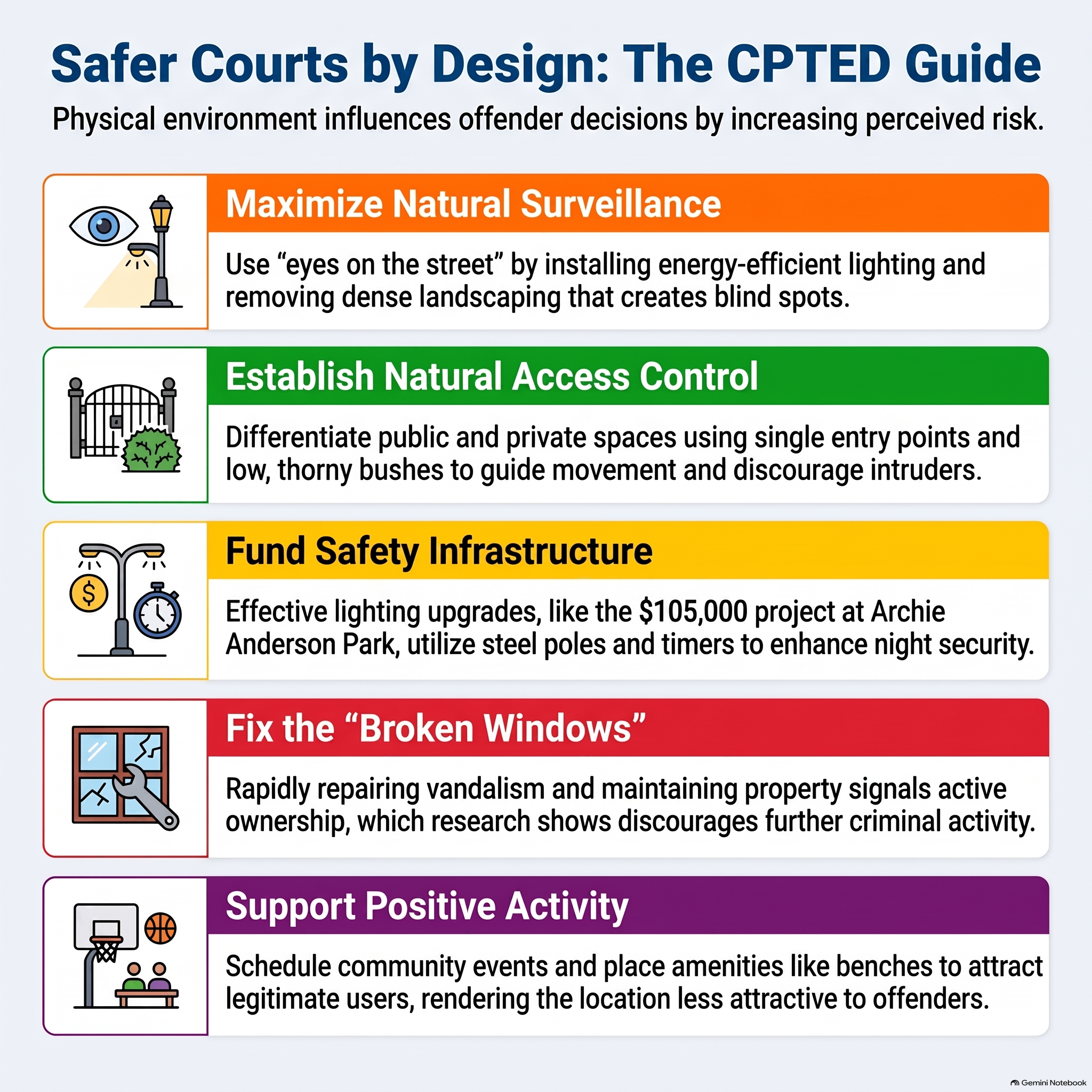 CPTED(環境設計による犯罪予防)の5つの原則をまとめたインフォグラフィック。自然監視、自然なアクセス管理、安全設備への投資、割れ窓の早期修繕、ポジティブな活動の支援