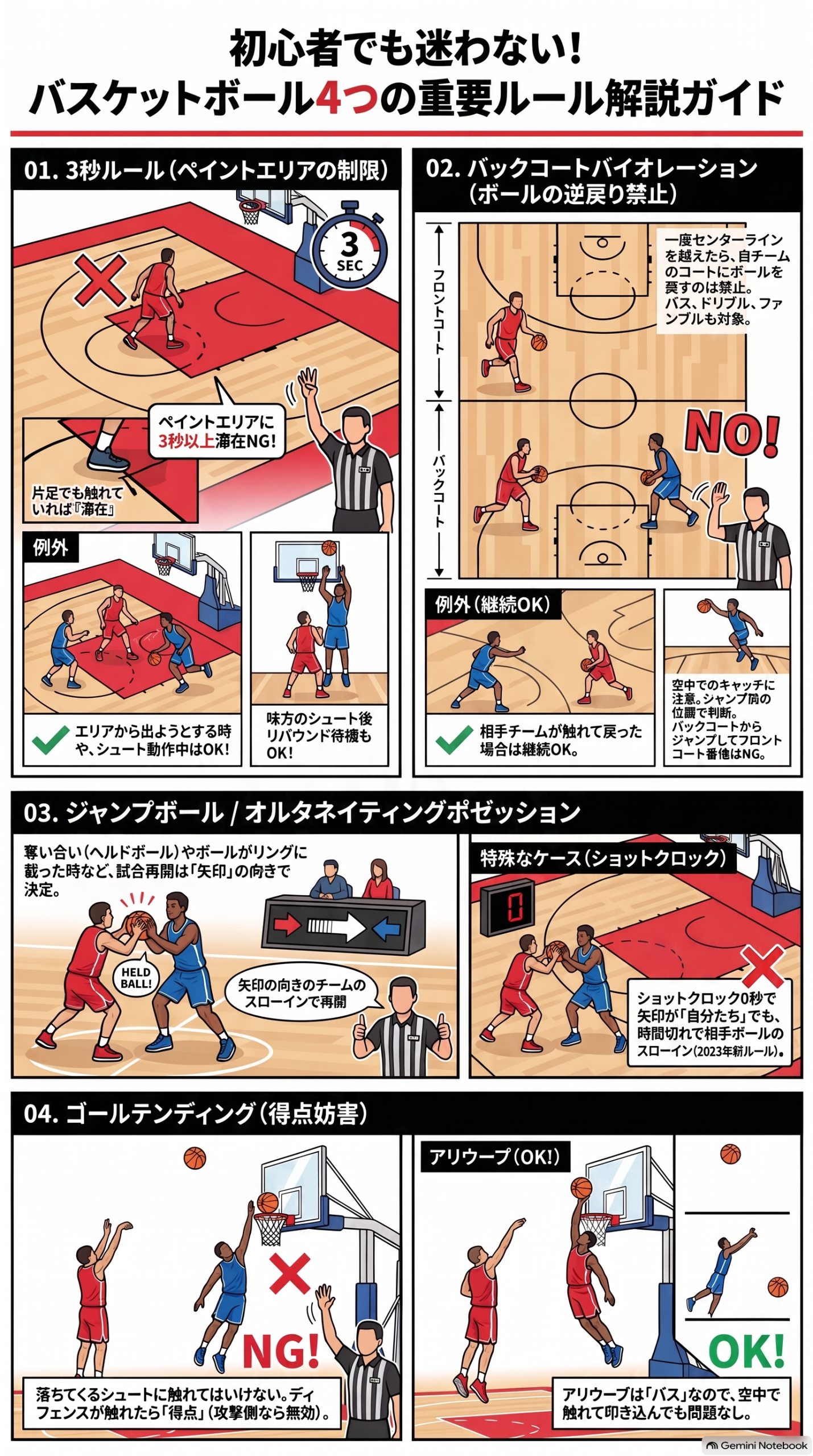 バスケットボール初心者向けに3秒ルール・バックコートバイオレーション・ジャンプボールとオルタネイティングポゼッション・ゴールテンディングの4つの反則をイラストで解説したインフォグラフィック